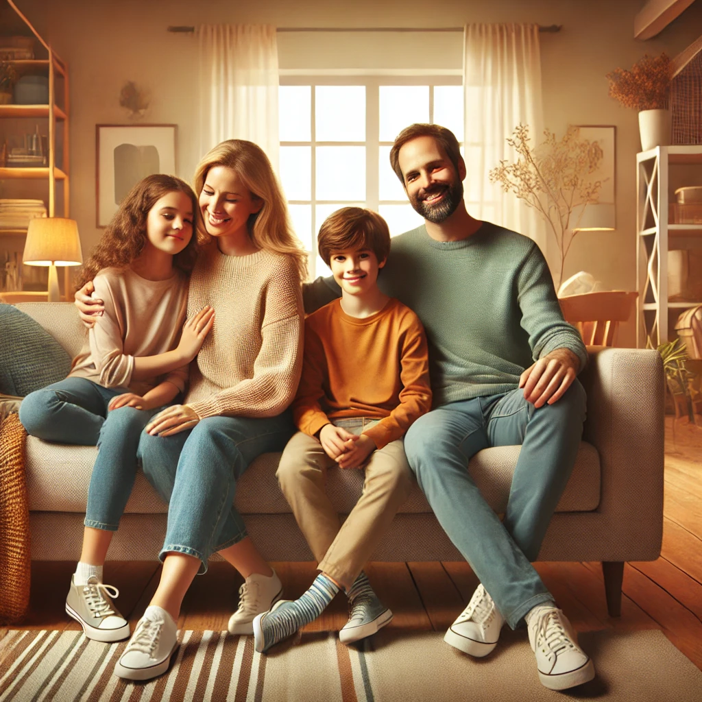 A warm and inviting image depicting a blended family in a cozy living room setting. The family includes a mother, father, an 8-year-old boy, and a 13-