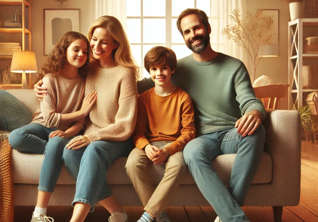 A warm and inviting image depicting a blended family in a cozy living room setting. The family includes a mother, father, an 8-year-old boy, and a 13-